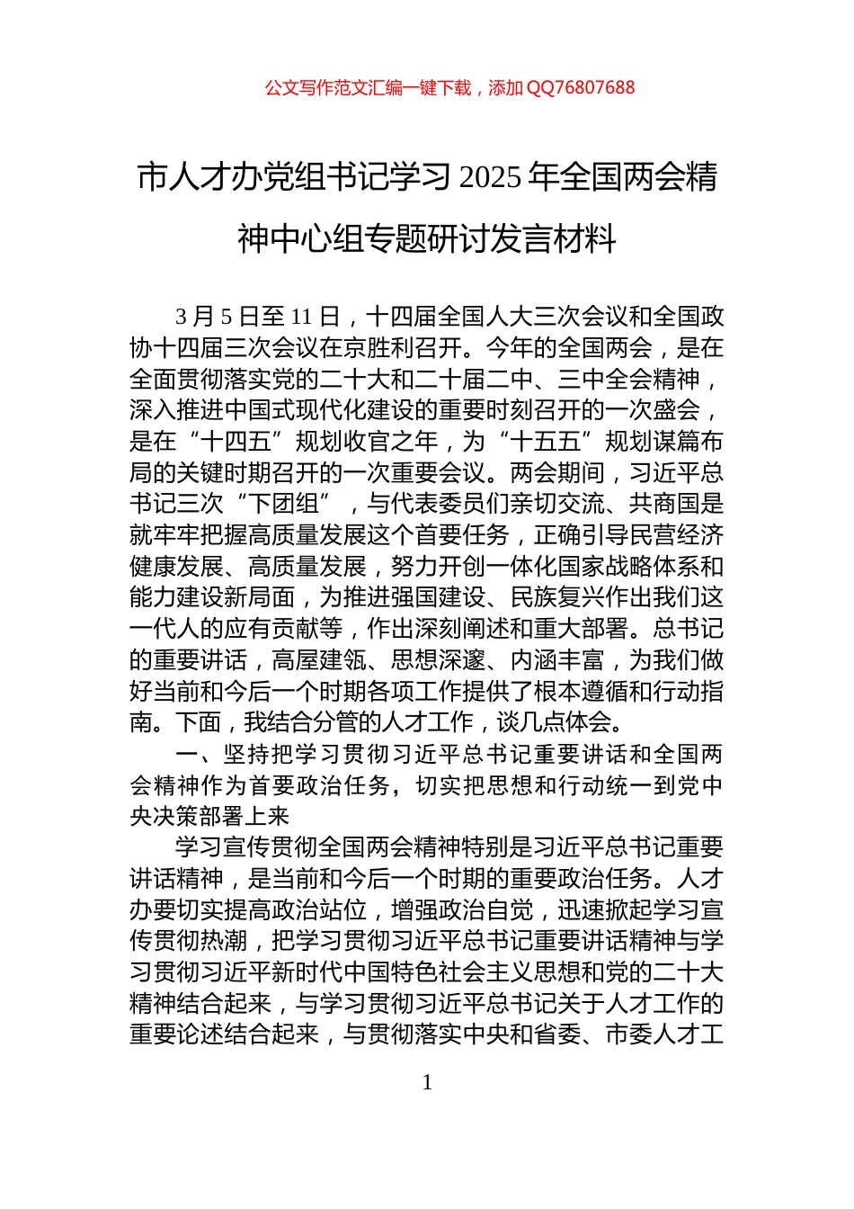 市人才办党组书记学习2025年全国两会精神中心组专题研讨发言材料_第1页