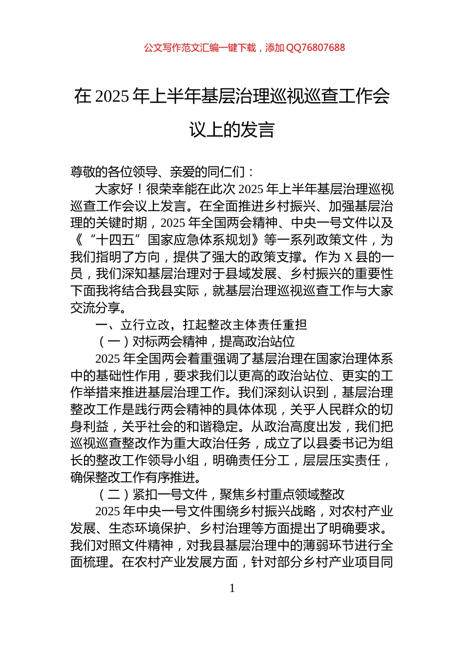 在2025年上半年基层治理巡视巡查工作会议上的发言_第1页