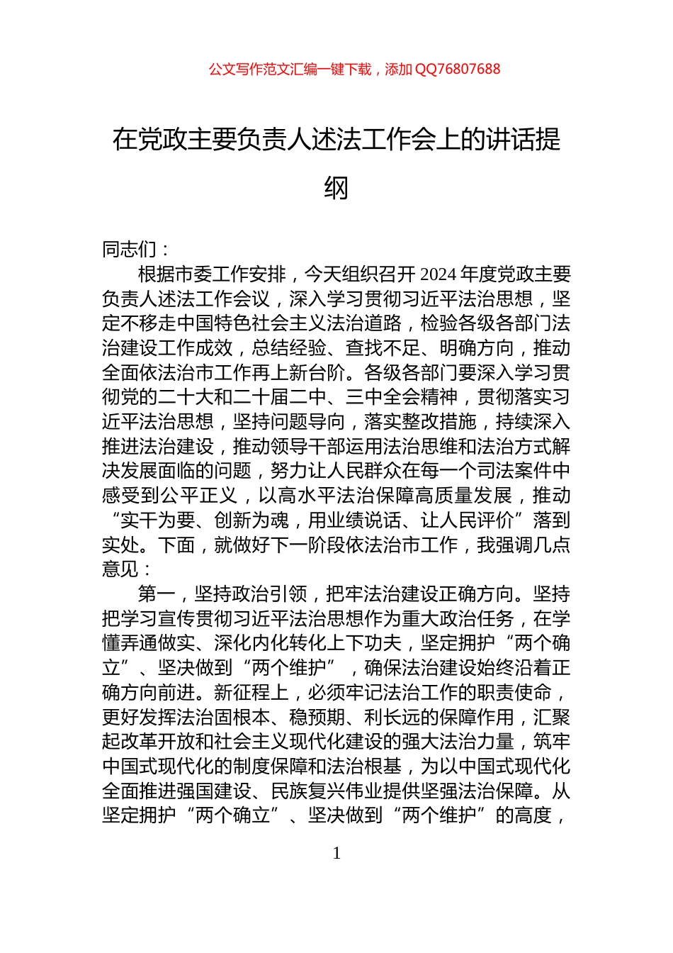 在党政主要负责人述法工作会上的讲话提纲_第1页