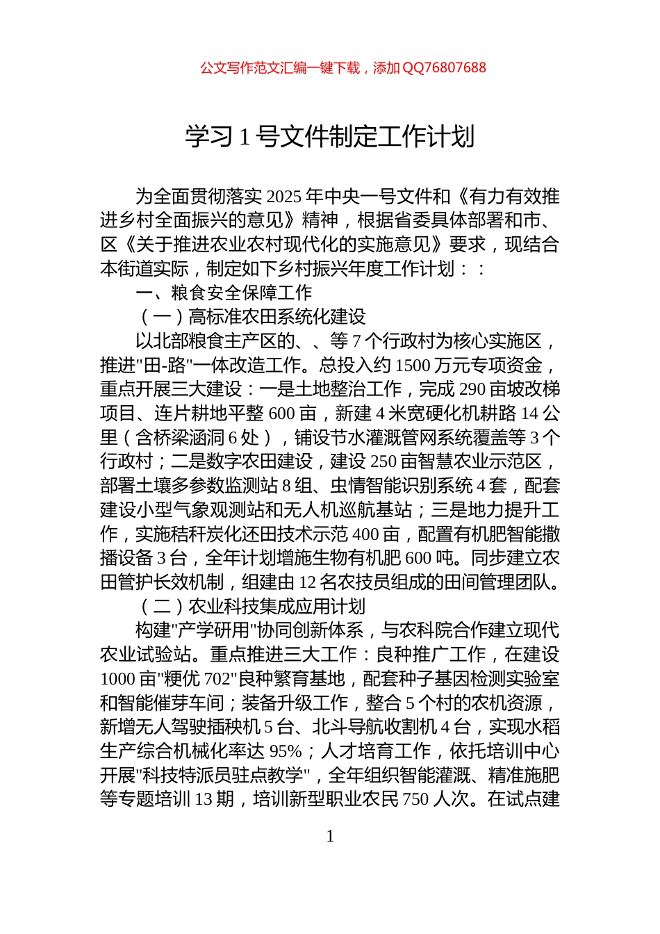 学习1号文件制定工作计划_第1页