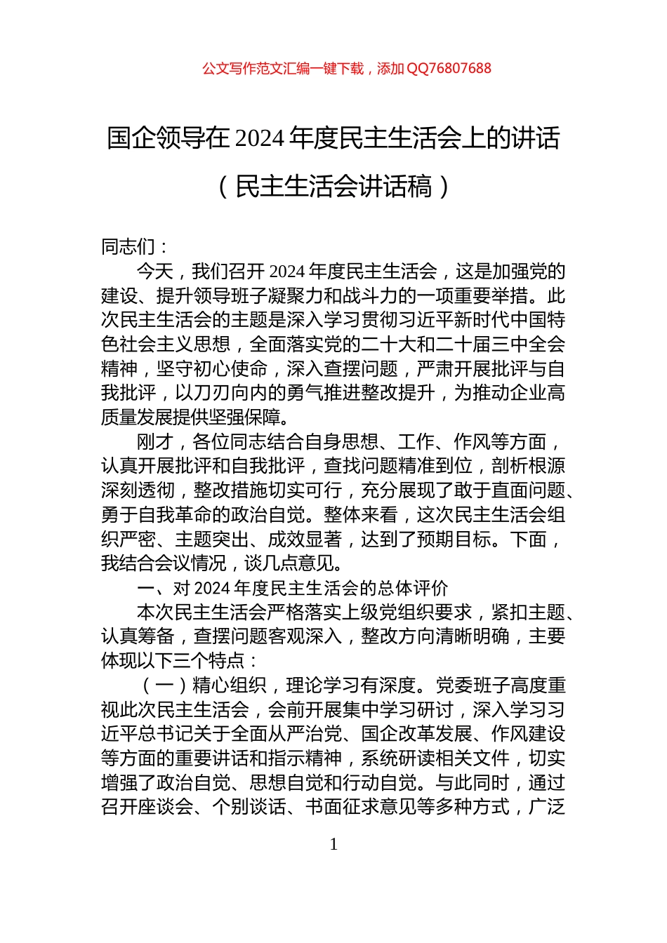 国企领导在2024年度民主生活会上的讲话（民主生活会讲话稿）_第1页
