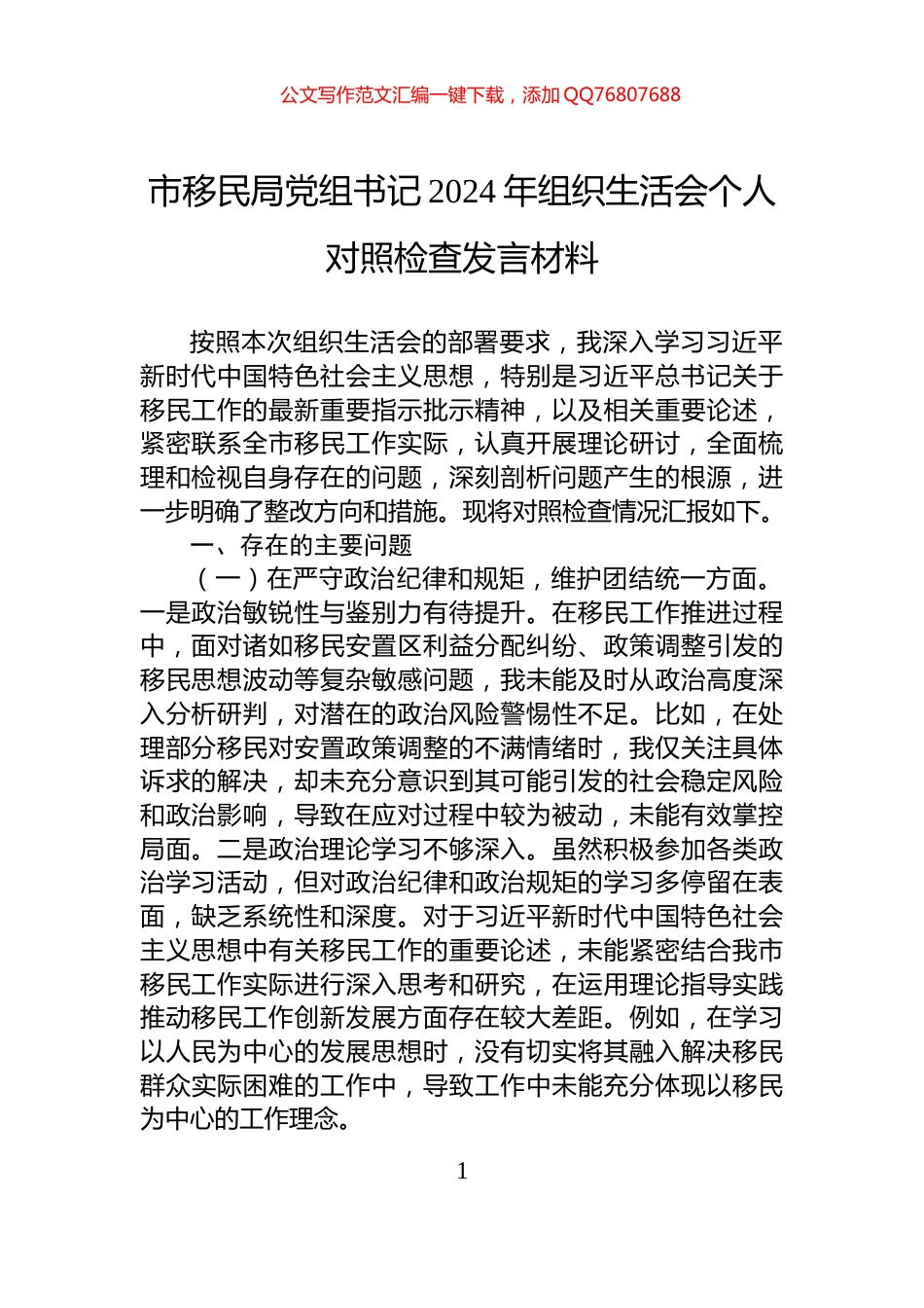 市移民局党组书记2024年组织生活会个人对照检查发言材料_第1页