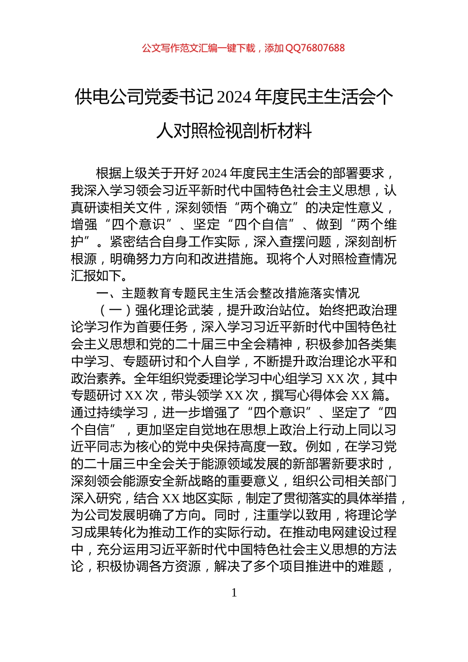 供电公司党委书记2024年度民主生活会个人对照检视剖析材料_第1页