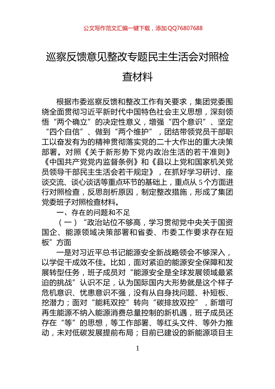 巡察反馈意见整改专题民主生活会对照检查材料_第1页