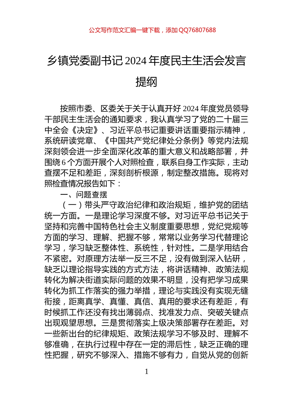 乡镇党委副书记2024年度民主生活会发言提纲_第1页
