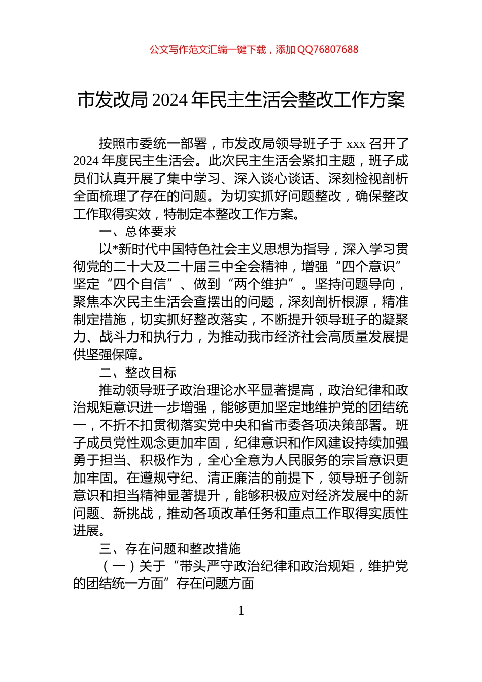 市发改局2024年民主生活会整改工作方案_第1页