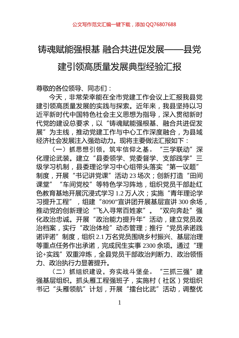 铸魂赋能强根基+融合共进促发展——县党建引领高质量发展典型经验汇报_第1页