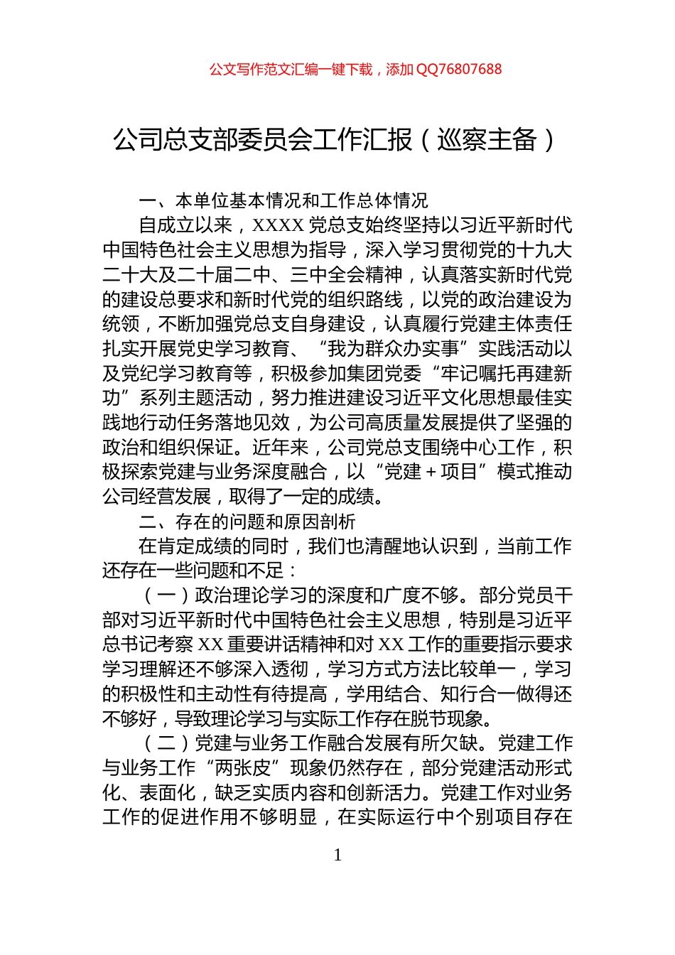 公司总支部委员会工作汇报（巡察主备）_第1页