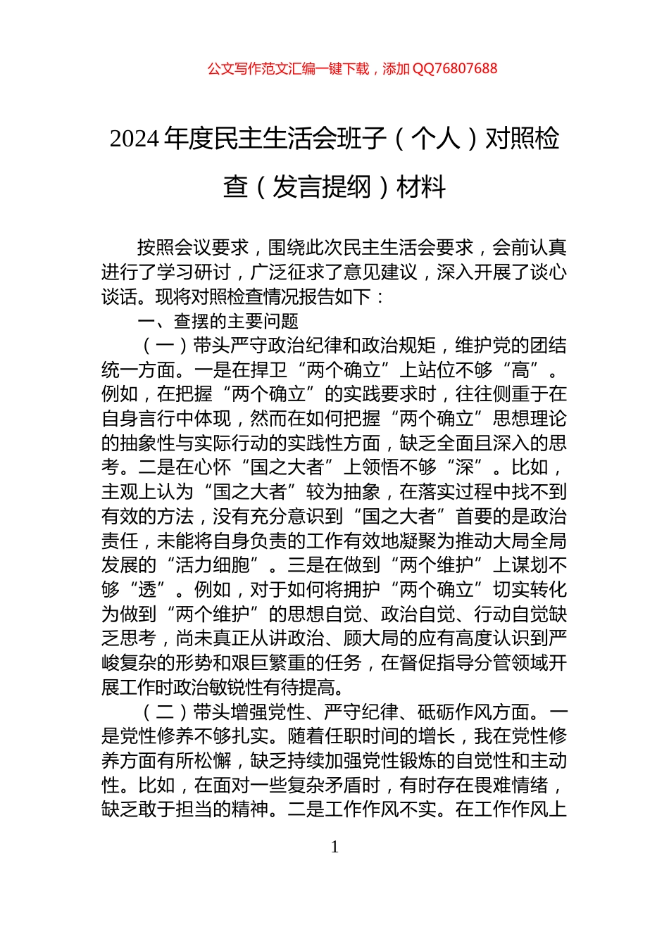 2024年度民主生活会班子（个人）对照检查（发言提纲）材料_第1页