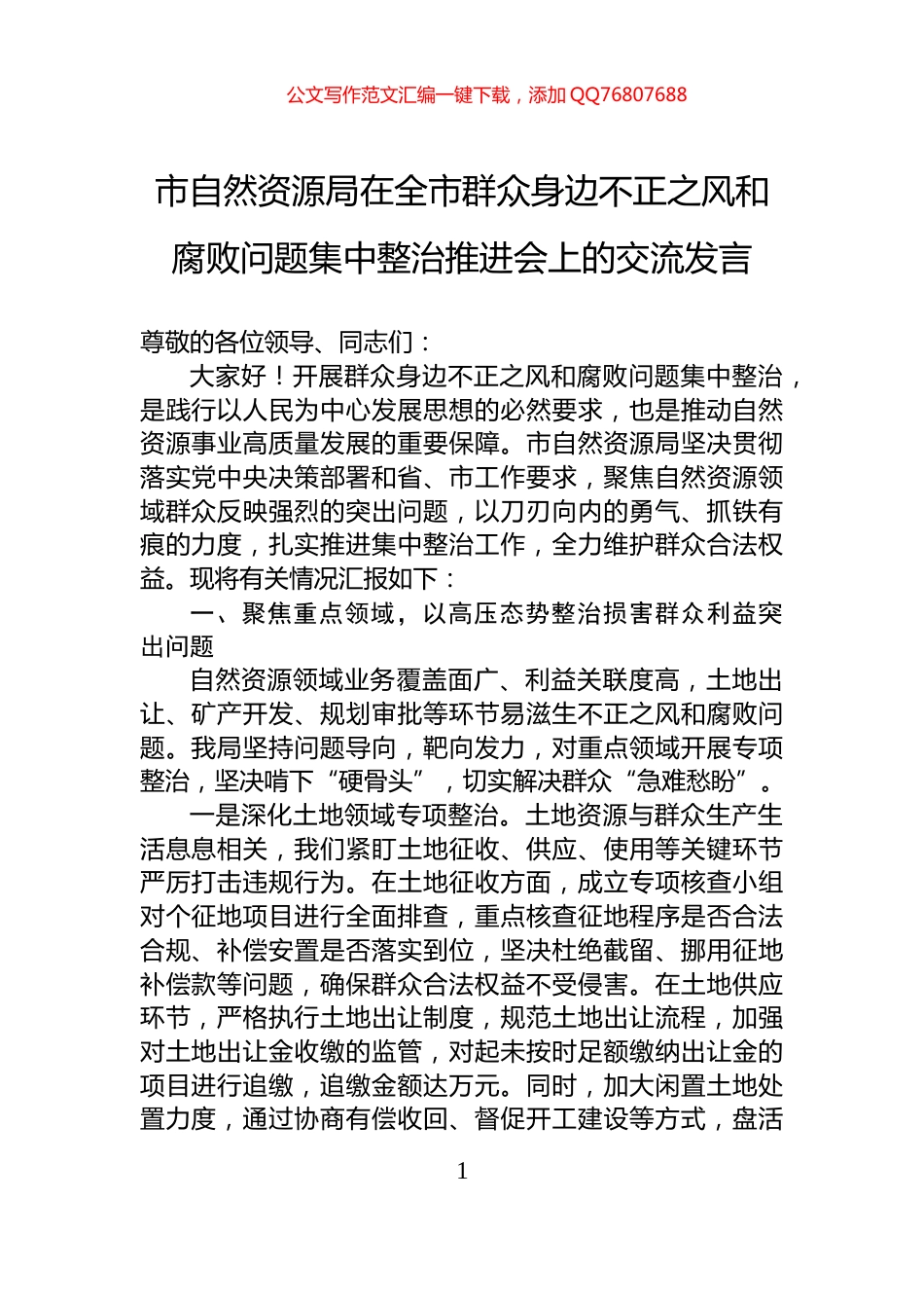 市自然资源局在全市群众身边不正之风和腐败问题集中整治推进会上的交流发言_第1页