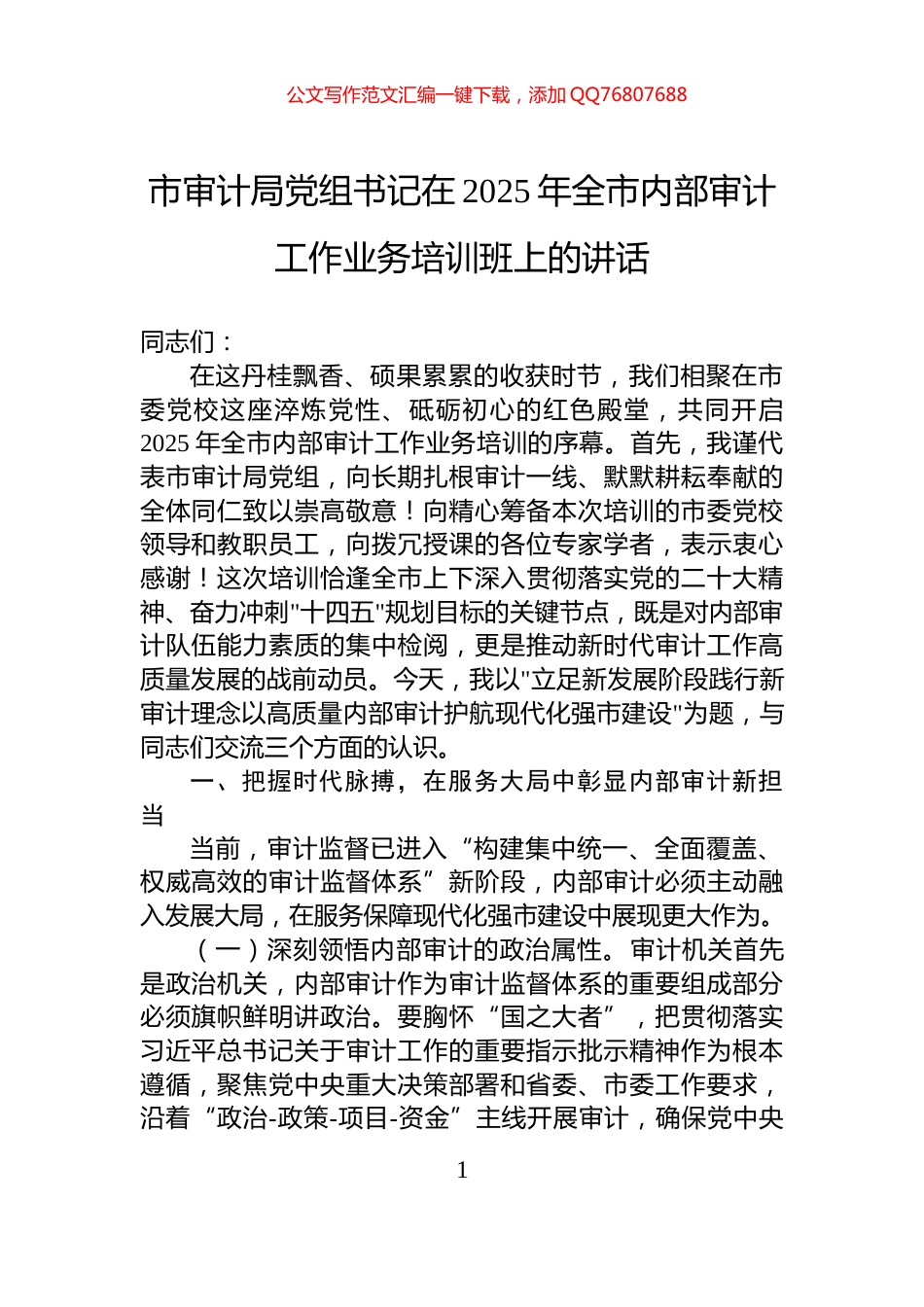 市审计局党组书记在2025年全市内部审计工作业务培训班上的讲话_第1页