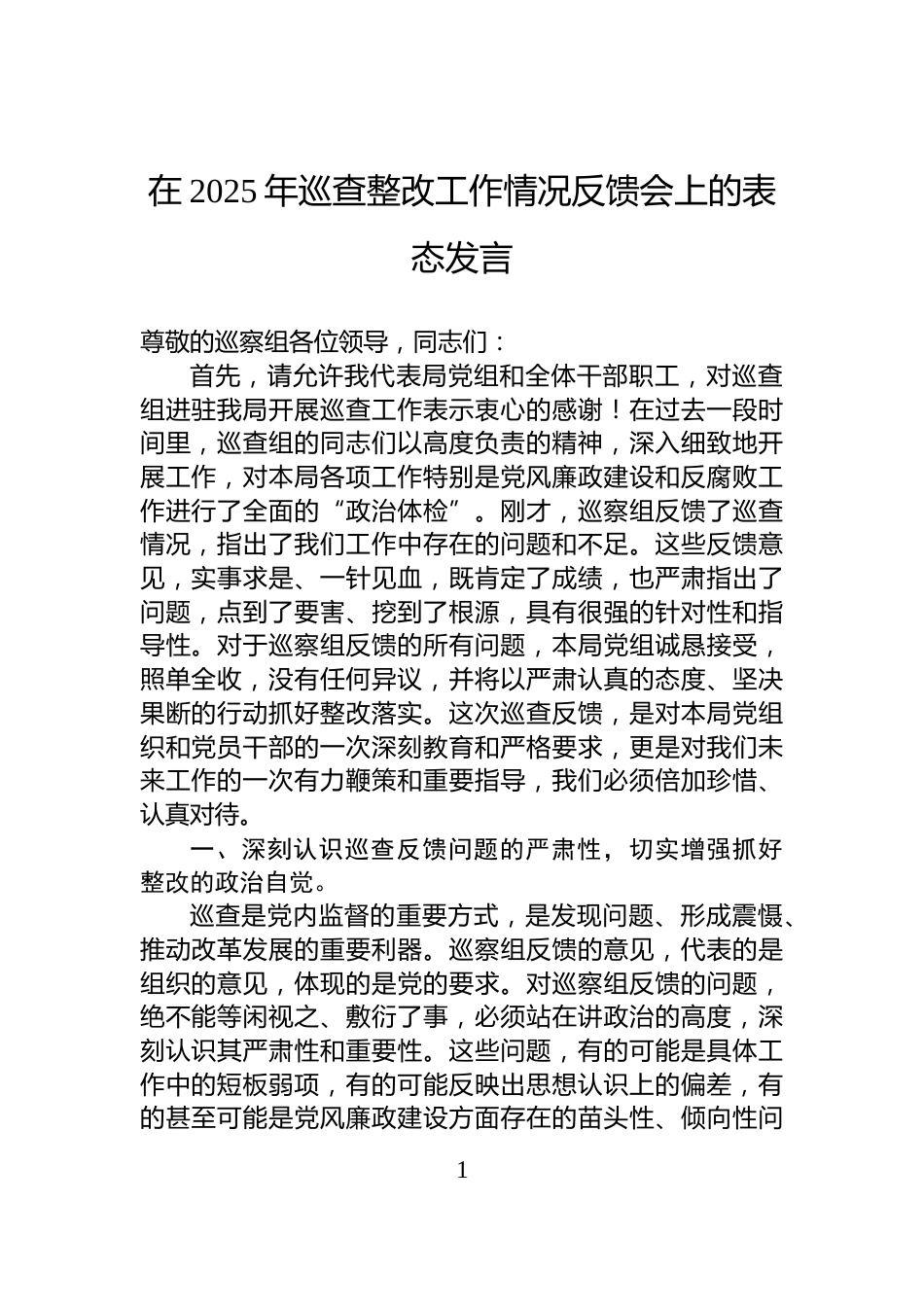在2025年巡查整改工作情况反馈会上的表态发言_第1页