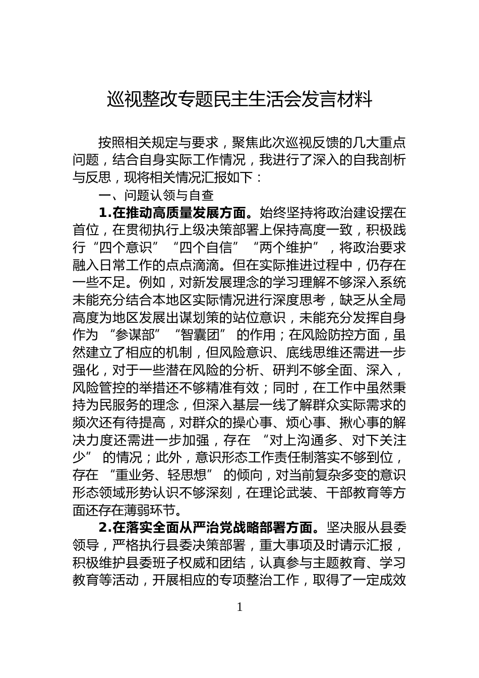 巡视整改专题民主生活会发言材料_第1页