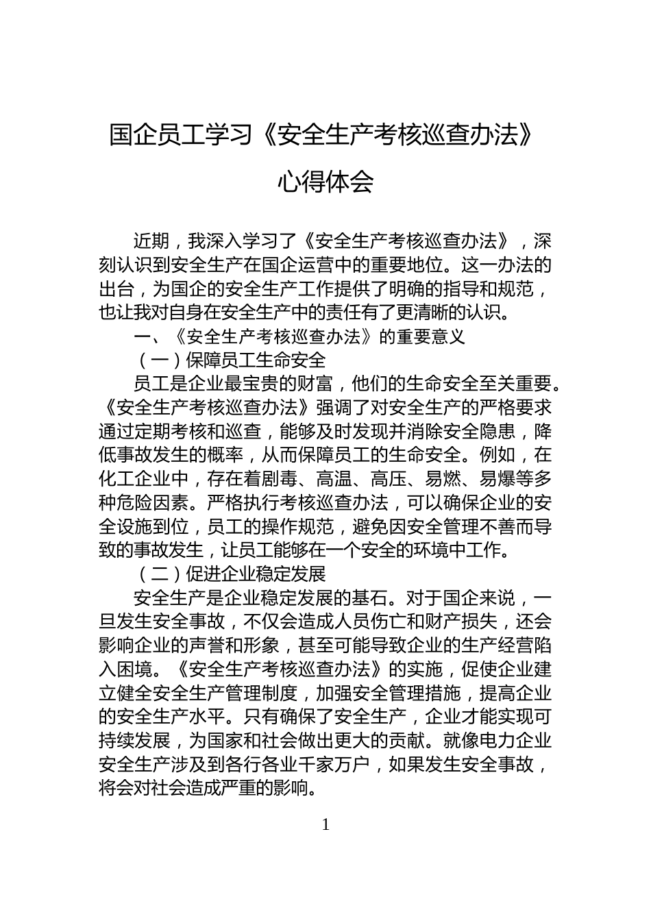 国企员工学习《安全生产考核巡查办法》心得体会_第1页