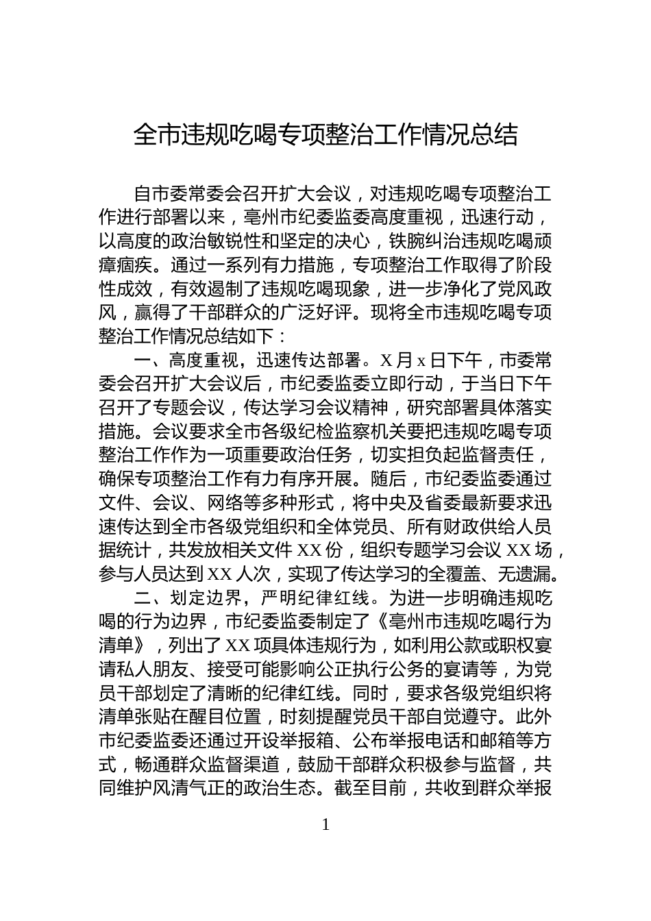 全市违规吃喝专项整治工作情况总结_第1页