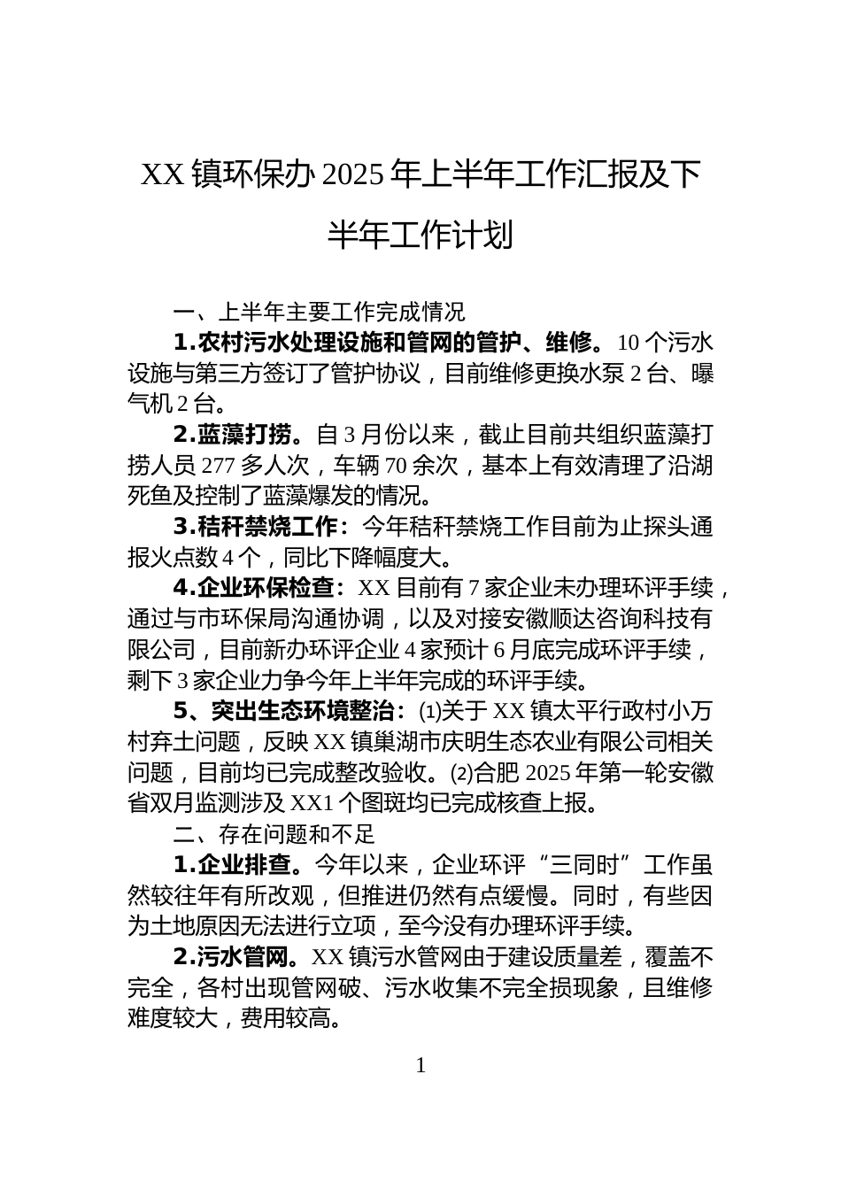 XX镇环保办2025年上半年工作汇报及下半年工作计划_第1页