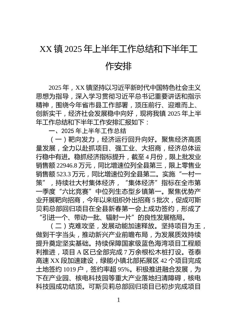 XX镇2025年上半年工作总结和下半年工作安排_第1页