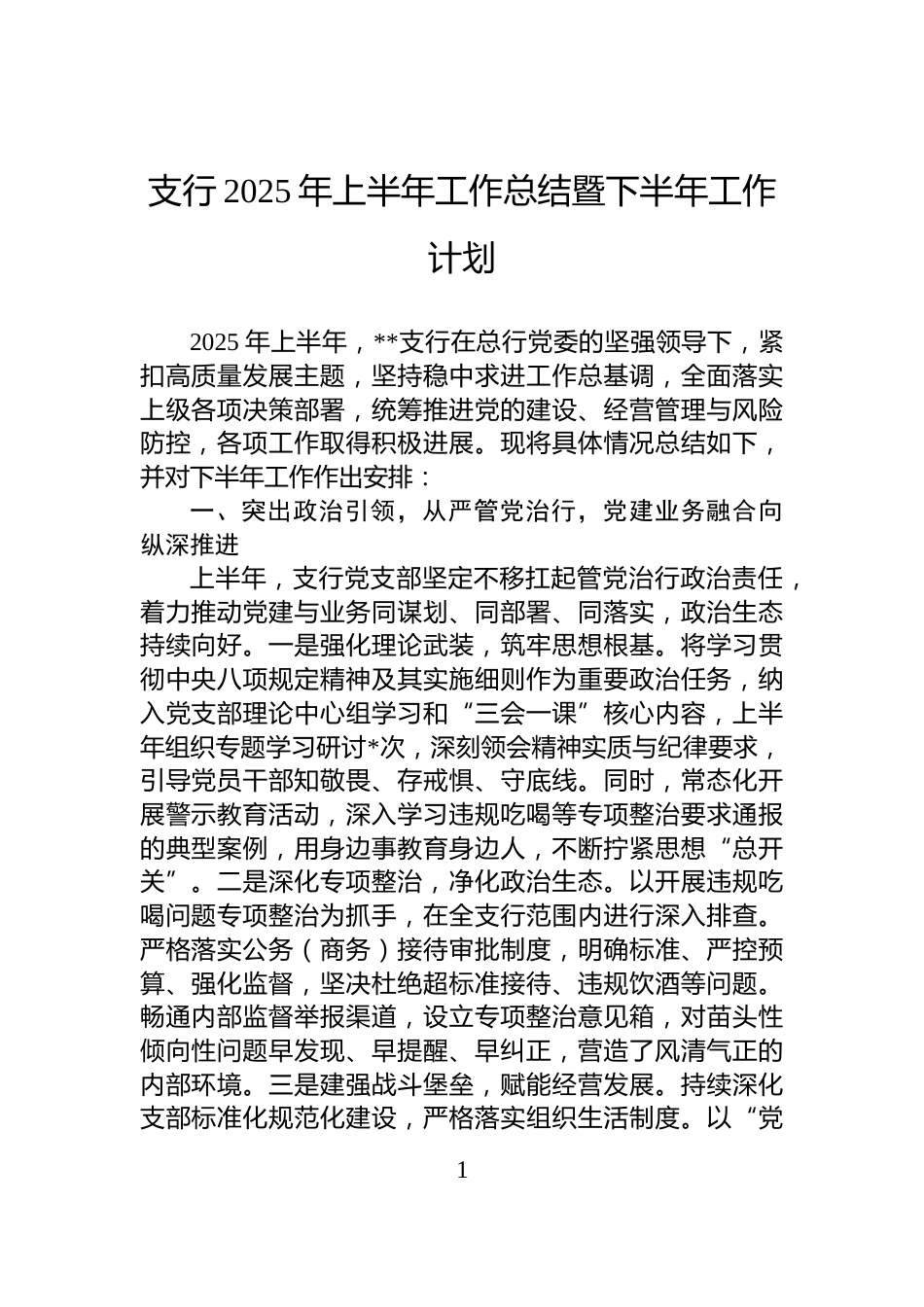 支行2025年上半年工作总结暨下半年工作计划_第1页