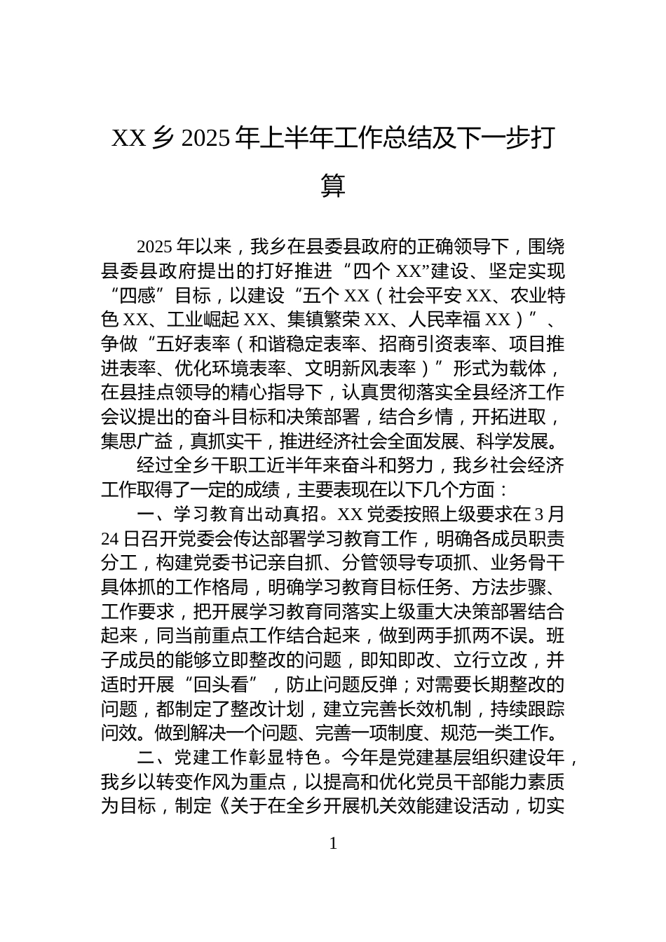 XX乡2025年上半年工作总结及下一步打算_第1页