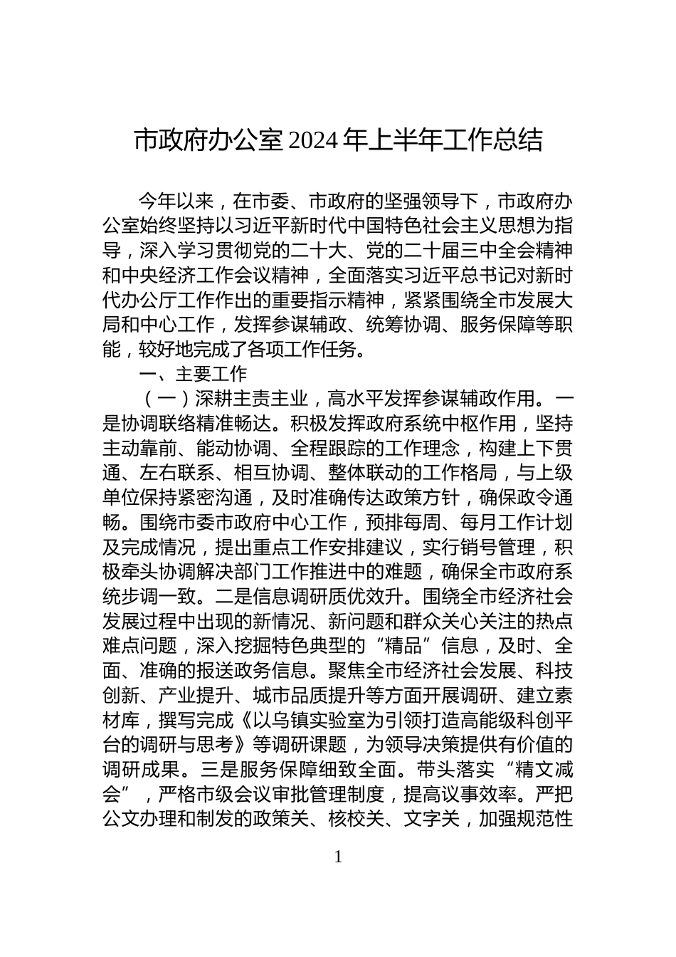 市政府办公室2024年上半年工作总结_第1页