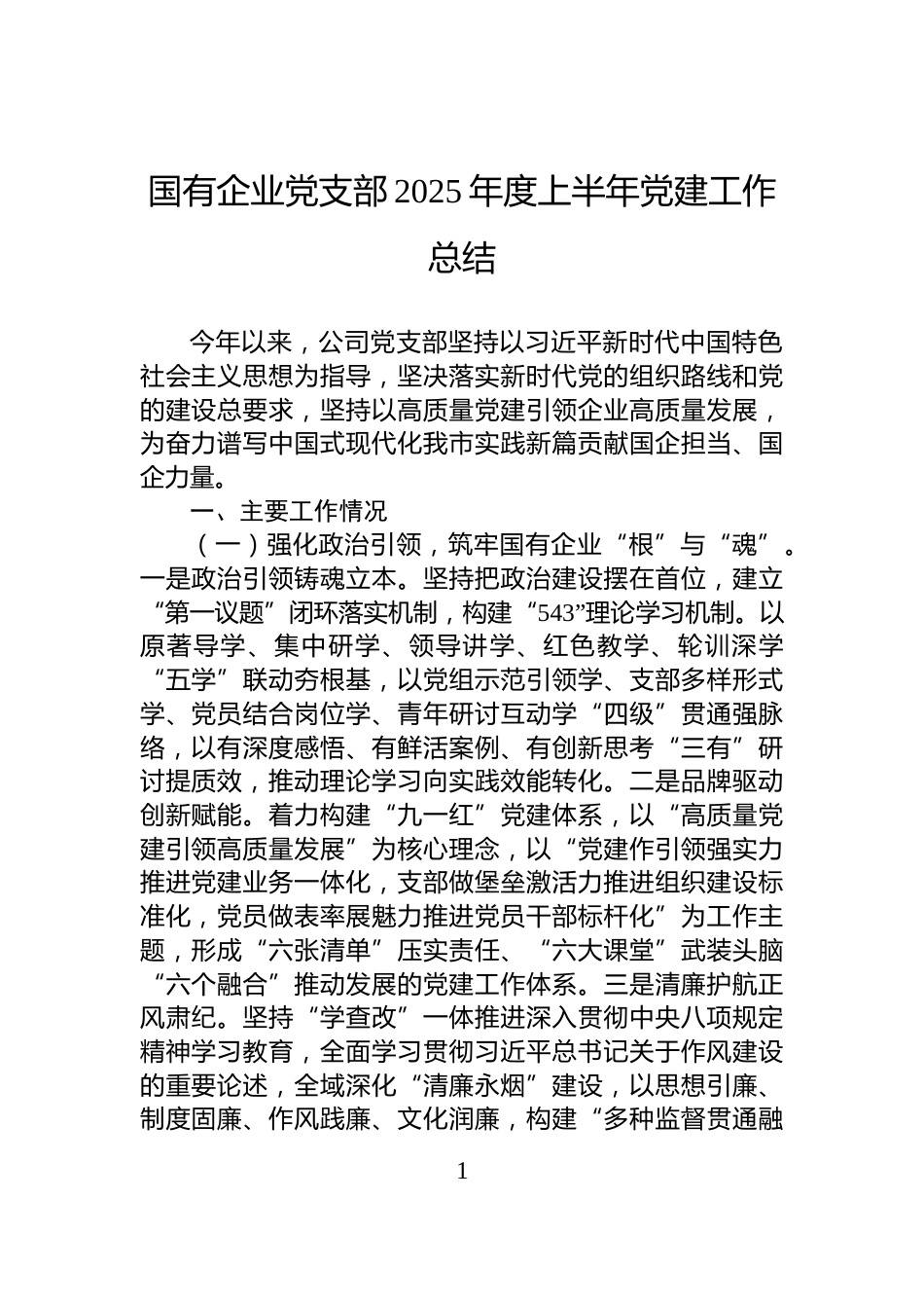 国有企业党支部2025年度上半年党建工作总结_第1页