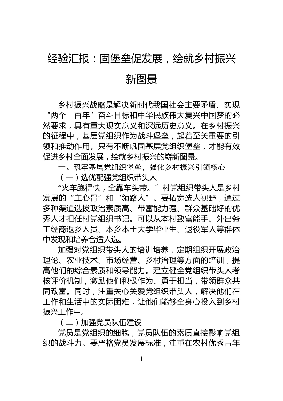 经验汇报：固堡垒促发展，绘就乡村振兴新图景_第1页
