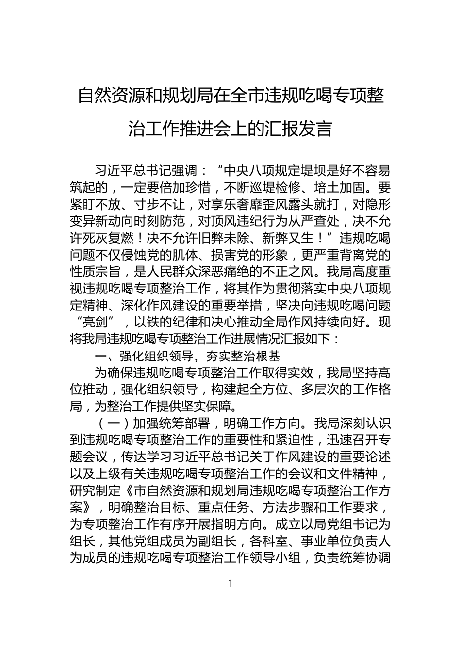 自然资源和规划局在全市违规吃喝专项整治工作推进会上的汇报发言_第1页