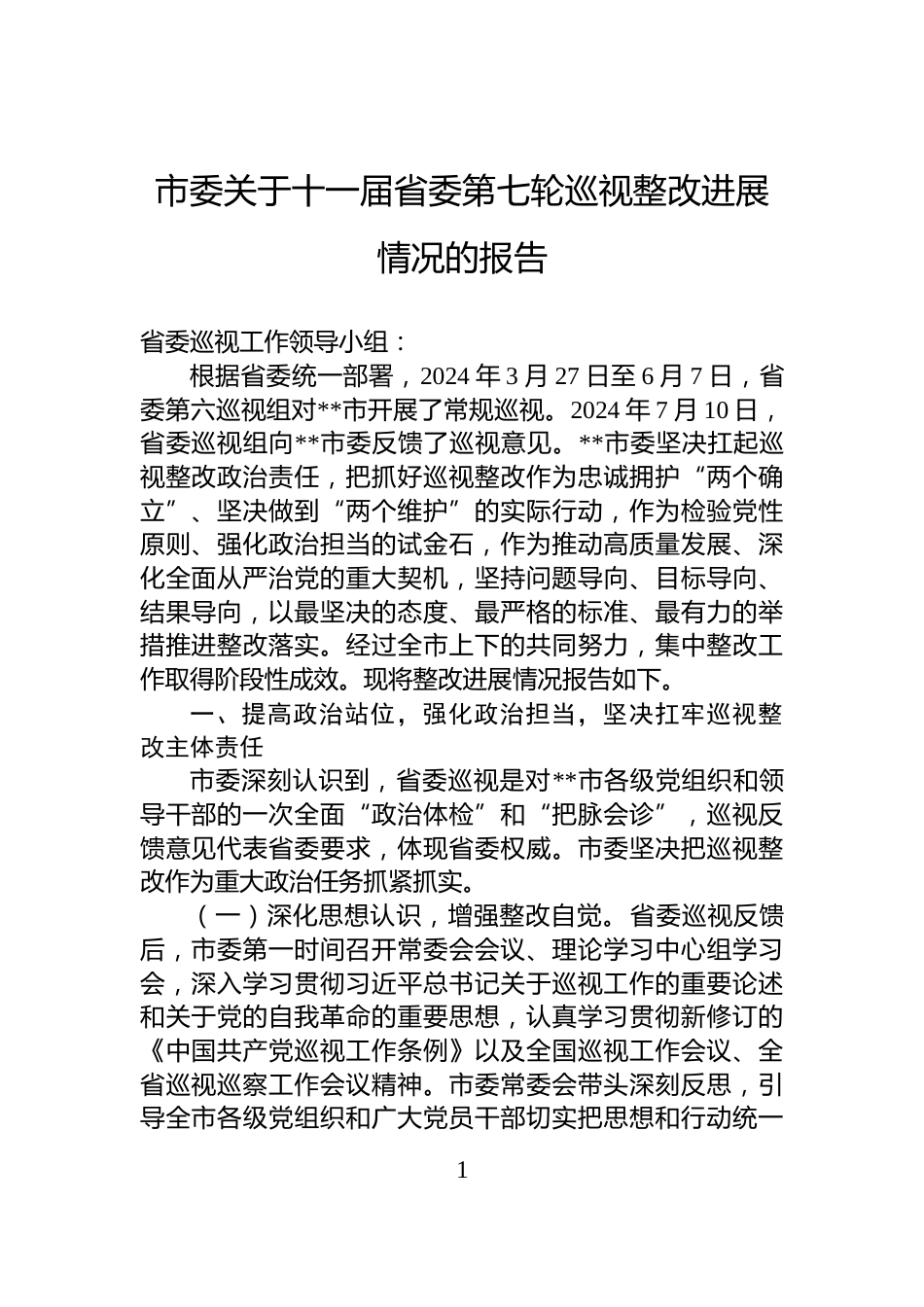 市委关于十一届省委第七轮巡视整改进展情况的报告_第1页