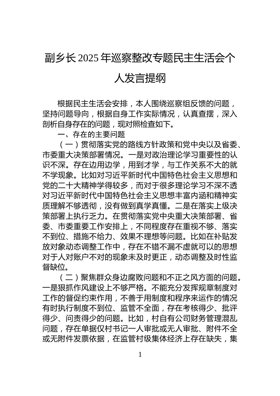 副乡长2025年巡察整改专题民主生活会个人发言提纲_第1页