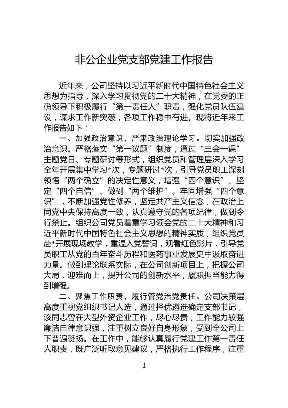 非公企业党支部党建工作报告_第1页