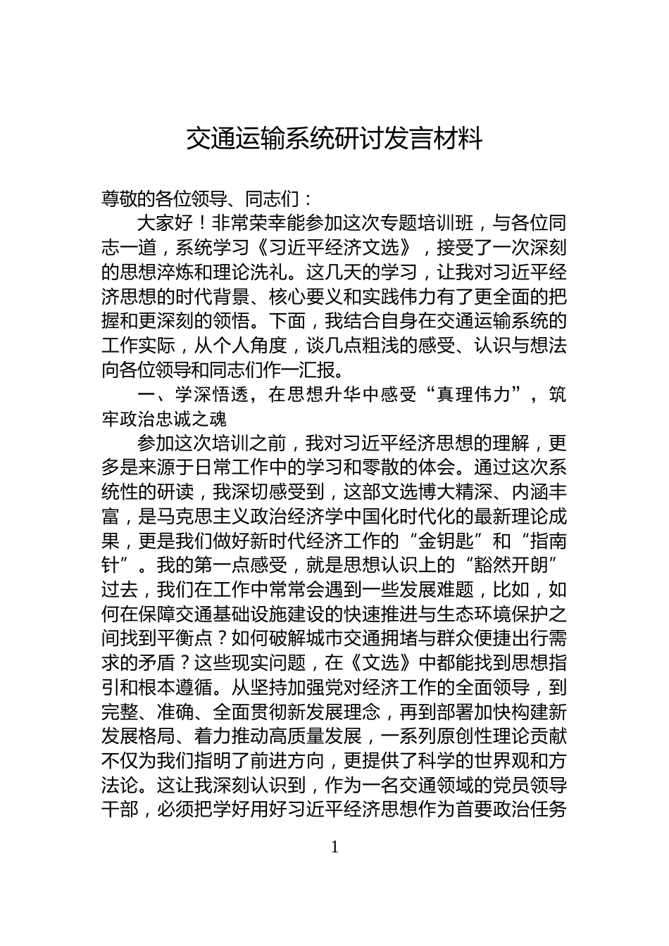 交通运输系统研讨发言材料_第1页
