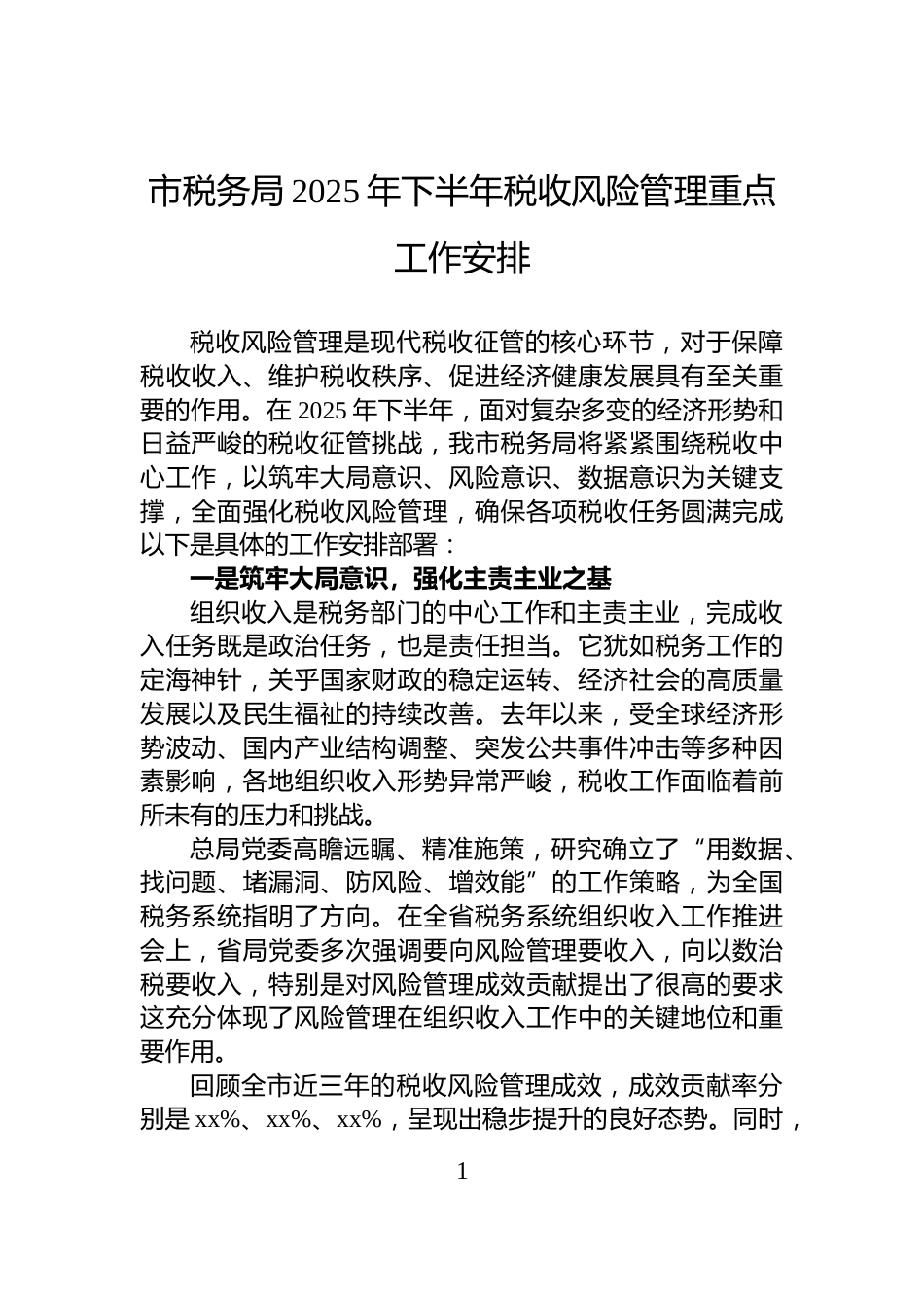市税务局2025年下半年税收风险管理重点工作安排_第1页