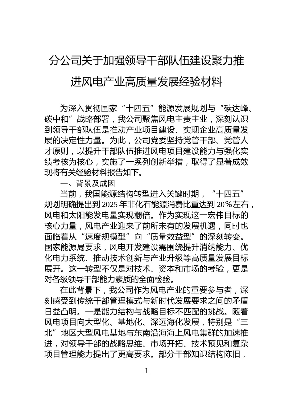 分公司关于加强领导干部队伍建设聚力推进风电产业高质量发展经验材料_第1页