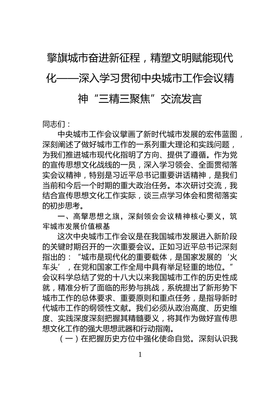 擎旗城市奋进新征程，精塑文明赋能现代化——深入学习贯彻中央城市工作会议精神“三精三聚焦”交流发言_第1页