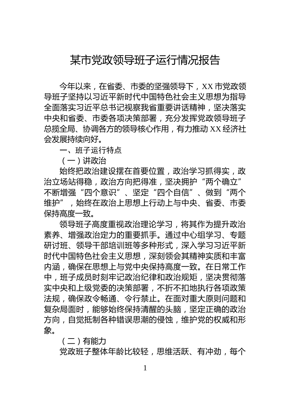 某市党政领导班子运行情况报告_第1页