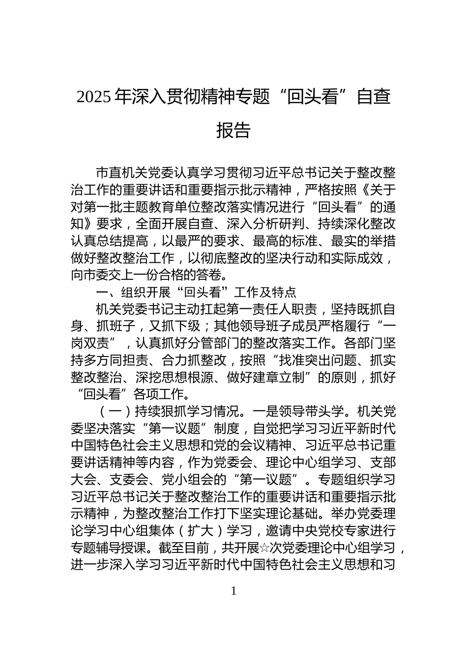 2025年深入贯彻精神专题“回头看”自查报告_第1页