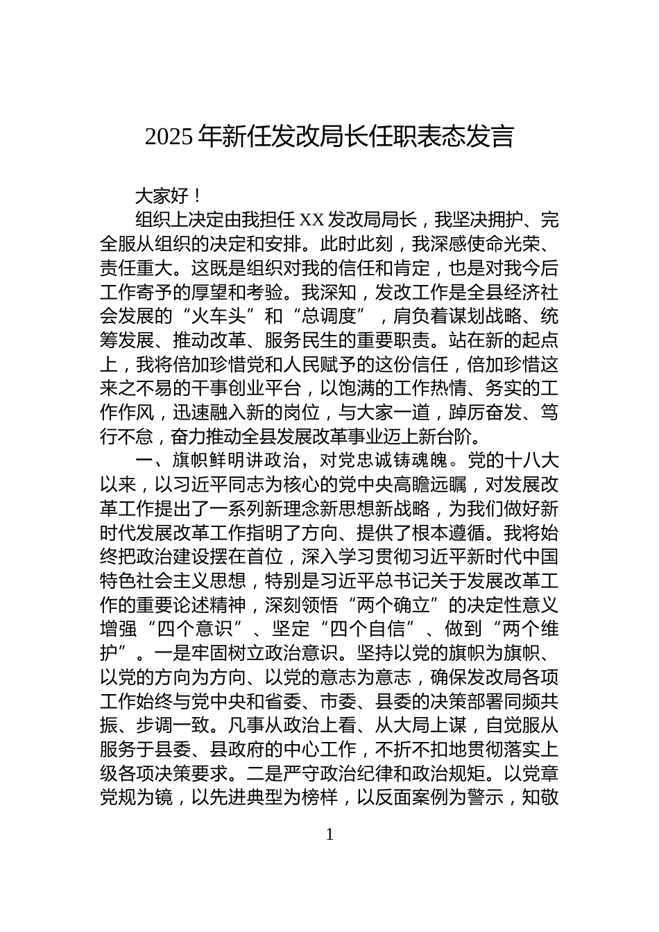 2025年新任发改局长任职表态发言_第1页