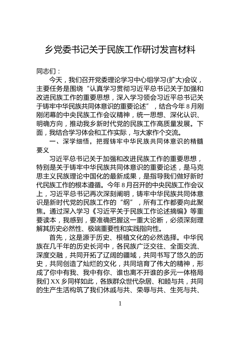 乡党委书记关于民族工作研讨发言材料_第1页