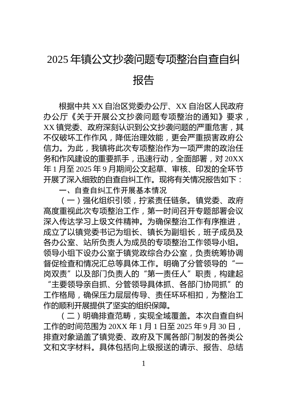 2025年镇公文抄袭问题专项整治自查自纠报告_第1页