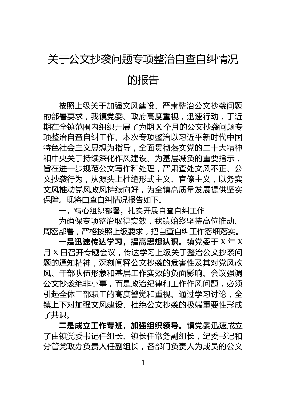 关于公文抄袭问题专项整治自查自纠情况的报告_第1页